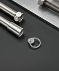 Eight Pack Metal Cabinet Pulls Ring Handles In Silver Zinc Alloy For Dresser Wardrobe Furniture And Kitchen Cupboard Cabinets Easy Install Knob Set For Single Hole Mounting Durable Drawer Hardware shown with other hardware