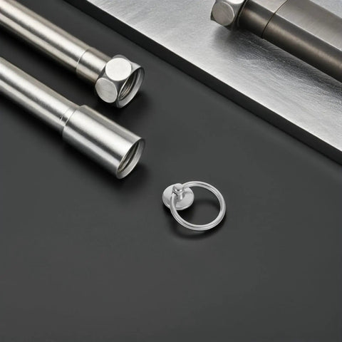Eight Pack Metal Cabinet Pulls Ring Handles In Silver Zinc Alloy For Dresser Wardrobe Furniture And Kitchen Cupboard Cabinets Easy Install Knob Set For Single Hole Mounting Durable Drawer Hardware shown with other hardware