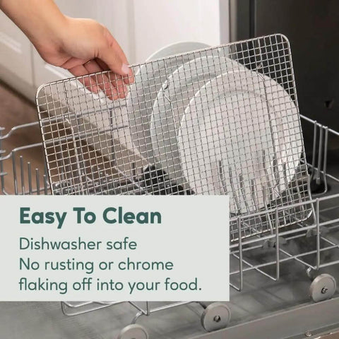 Heavy Duty Stainless Steel Cooling Racks Set Of 2 For Half Sheet Pans, shown in dishwasher, demonstrating oven safe and dishwasher safe quality.