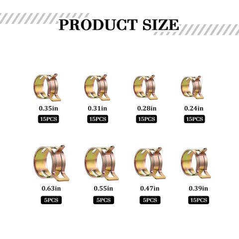 90-Piece Car Spring Hose Clamp Kit With 8 Sizes For Fuel Lines in various sizes and quantities, showcasing heavy-duty clips.