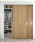 Wooden closet with Soft Close Pocket Door Slide Hardware And Track Set For Barn Doors With Heavy Duty Hanger And Bilateral Four Wheel Dual Damping 47 Inch Track Single Door Load Rating Up To 143 Lbs Space Saving Slider System, open to show clothes inside.