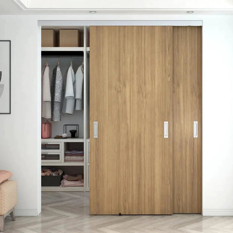 Wooden closet with Soft Close Pocket Door Slide Hardware And Track Set For Barn Doors With Heavy Duty Hanger And Bilateral Four Wheel Dual Damping 47 Inch Track Single Door Load Rating Up To 143 Lbs Space Saving Slider System, open to show clothes inside.