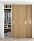 Soft Close Barn Door Slide Hardware Set With 59 Inch Track, Heavy Duty Pocket Door Kit installed on a wooden closet door.