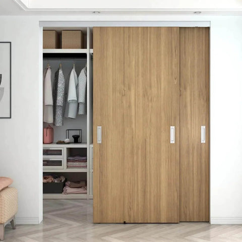 Soft Close Barn Door Slide Hardware Set With 59 Inch Track, Heavy Duty Pocket Door Kit installed on a wooden closet door.