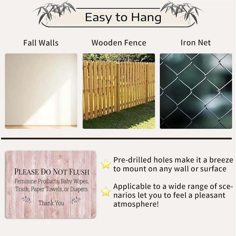 Aluminum 8x12 Rustic Wood Print Restroom Reminder Sign No Flush For Feminine Products, Baby Wipes, Trash, Paper Towels, Diapering Supplies, Wall Mountable Hygiene Sign, easy to hang