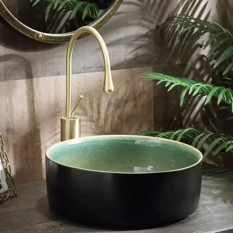 XYWGBMS Small Apartment Ceramic Household Balcony Basin Basin Single Basin Retro Above Counter Basin in black with green inner.