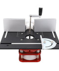 Heavy Duty Router Lift With Reinforced Top Plate Aluminum Alloy And Steel Manual Raise System Slick Height Adjustments For Table Insert Woodshop Builds Black detailed view of router lift system with height adjustment crank and precision markers