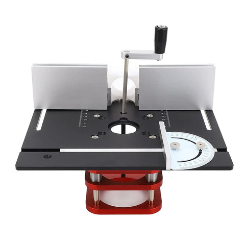 Heavy Duty Router Lift With Reinforced Top Plate Aluminum Alloy And Steel Manual Raise System Slick Height Adjustments For Table Insert Woodshop Builds Black detailed view of router lift system with height adjustment crank and precision markers