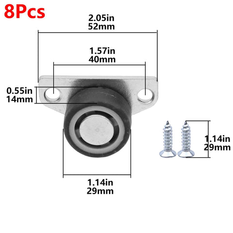 8 Pack Nylon Single Wheel Screen Door Rollers With Galvanized Wheel Side Mount dimensions and screws, front view.