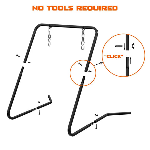 Portable Shooting Target Stand With Chain Mount Kit and Ten Inch Three Eighth Inch Gong Target, tool-free assembly illustration