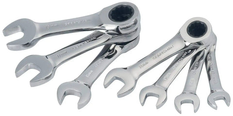 7-Piece Metric Stubby Ratchet Wrench Set With 12 Point Box End For Quick Engagement, 72-Tooth Ratcheting, 15 Degree Offset