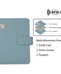 RFID Passport Holder Travel Wallet For Women And Men With RFID Blocking And Double Card Slots Plus Clear Window Pockets Cute Green Passport Cover Case For Safe Easy Global Travel front view with RFID blocking diagram.