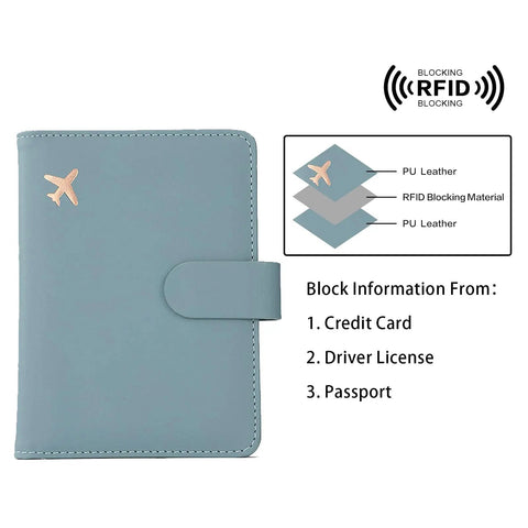 RFID Passport Holder Travel Wallet For Women And Men With RFID Blocking And Double Card Slots Plus Clear Window Pockets Cute Green Passport Cover Case For Safe Easy Global Travel front view with RFID blocking diagram.