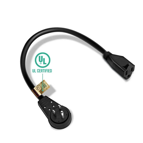 Flat Plug Extension Cord With 360 Degree Rotating Right Angle Plug, 1 Foot, 14 AWG 3 Prong Grounded Cable, UL Certified