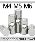 304 Stainless Steel Barrel Nuts for Woodworking, Cross Hole Dowel Bolts, Hammer Bolts M4 M5 M6, metal dowel connectors displayed.