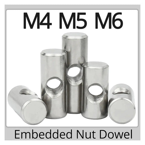 304 Stainless Steel Barrel Nuts for Woodworking, Cross Hole Dowel Bolts, Hammer Bolts M4 M5 M6, metal dowel connectors displayed.