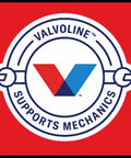 Valvoline logo with wrench design on red background, text 'Valvoline Supports Mechanics' surrounding the emblem.