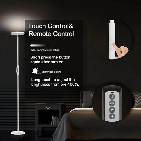 Super Bright Floor Lamp 30W 2400LM Sky LED Torchiere with remote and touch dimming shown in bedroom setting