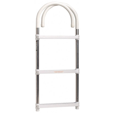 Heavy Duty Aluminum Boat 3 Step Ladder With Folding Gunwale Hook Design, 11 Inch Wide Hooks, Non Marking Support Legs, 250 Lb Capacity, Seamless Marine Boarding Solution front view