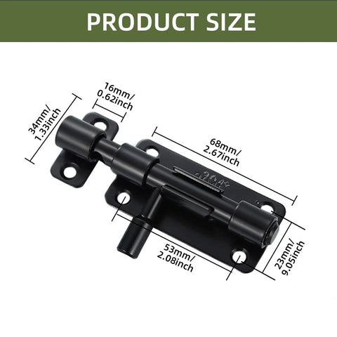 Heavy Duty Door Barrel Slide Bolt Latch Rock Solid 304 Stainless Steel Rust Proof Gate Lock with dimension labels and black finish.