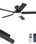 Modern 52 Inch Low Profile Ceiling Fan With Nifty Smart App And Wireless Remote, black blades and LED light.