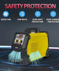 Front view of 250A 3-In-1 Multiprocess Welder for Flux Core MIG TIG and Stick Welding on 110V inverter with safety features displayed
