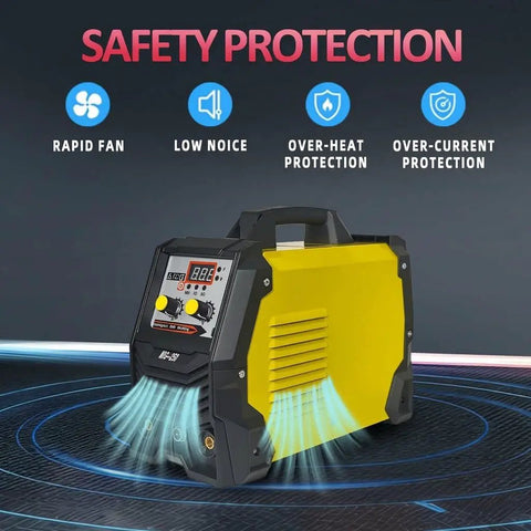 Front view of 250A 3-In-1 Multiprocess Welder for Flux Core MIG TIG and Stick Welding on 110V inverter with safety features displayed