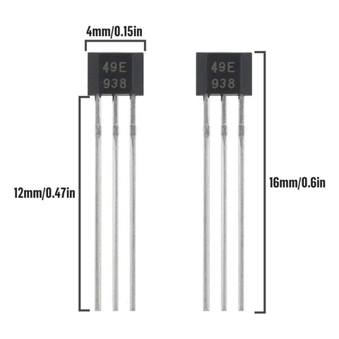 49E Hall Effect Sensor 3 Pin TO 92S Magnetic Detector high precision fast response for DIY projects, dimensions labeled in image.