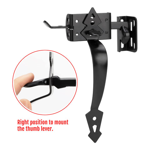 Heavy Duty Thumb Gate Latch Kit With 8 Inch Decorative Handle showing mounting detail against white backdrop in black finish.