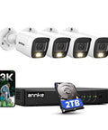 Eight-Channel 3K AI Security Camera System with DVR, four 5MP cameras, dual light night vision, 2TB HDD, color night vision
