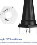 Outdoor Lamp Post Light With Three Heads In Old School Black And Clear Glass Panels, installation template shown.