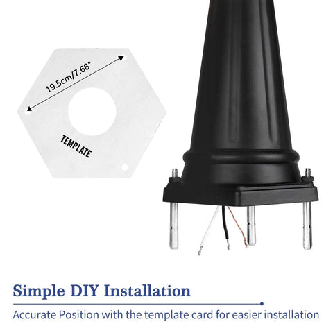 Outdoor Lamp Post Light With Three Heads In Old School Black And Clear Glass Panels, installation template shown.