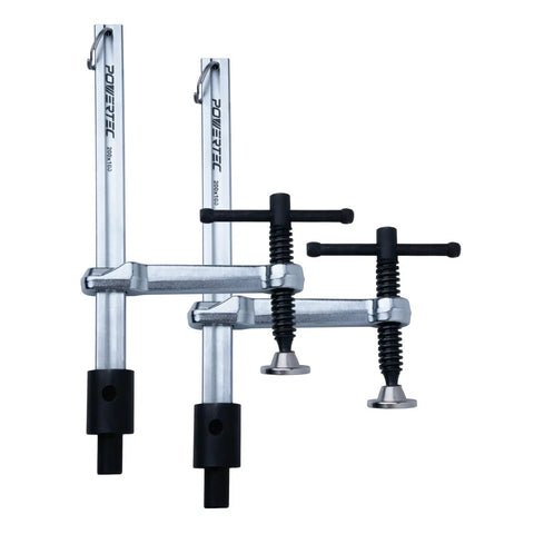 2 Pack T-Handle Welding Clamps Set With 8 Inch Opening And 4 Inch Throat Heavy-Duty Bench Clamps For Five-Eighths Inch Welding Table Holes Delivers Up To 400 Lbs Clamping Force, shown in front view.