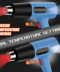 Dual Temperature Heavy Duty Heat Gun With Four Pro Grade Nozzles For Shrink Tubing Vinyl Wrap Crafting Resin And More, Fast Heating Hot Air Tool High and Low Mode displayed
