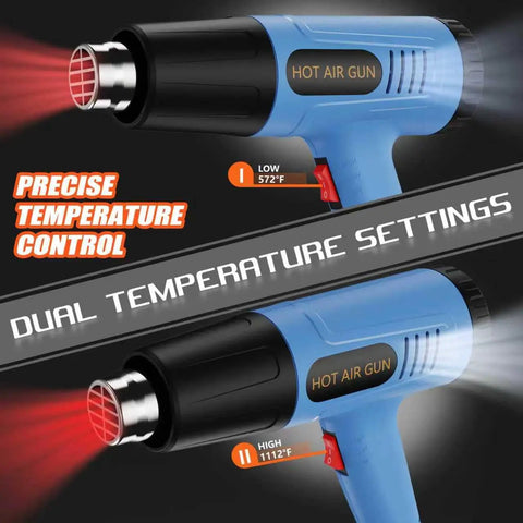 Dual Temperature Heavy Duty Heat Gun With Four Pro Grade Nozzles For Shrink Tubing Vinyl Wrap Crafting Resin And More, Fast Heating Hot Air Tool High and Low Mode displayed