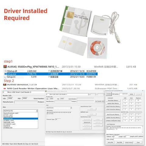 Contact EMV SIM eID USB CCID Smart IC Card Reader Writer Programmer Kit With 2 SLE4442 Cards And SDK, driver installation shown
