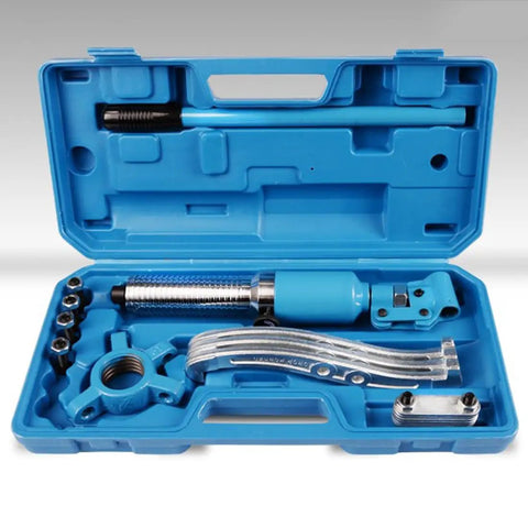 Heavy Duty Hydraulic Bearing Puller Kit With Integrated Pump Oil Tube Adjustable Wheel Bearing Separator For Mechanical Repair 3 In 1 Design Forged Steel Dual Yoke Pull Gears Hoses Bearings Up To 20 Ton Max Load Top Shelf Gear in blue case