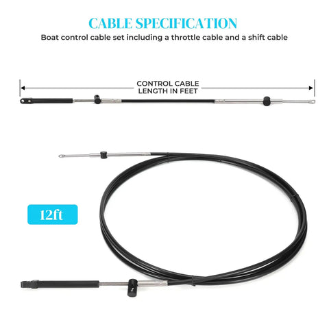 Two 12 Foot Gen1 Boat Throttle And Shift Cables Set For 600A Outboard Control Replacement Dual Cable Kit For Smooth Shifts And Quick Throttle Response Built Tough Marine Grade, 12ft cable set