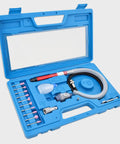 Slick 17 Piece Micro Air Die Grinder Kit Pneumatic Pencil Tool With 1/8 And 3/32 Inch Collets showcases tools in blue storage case.