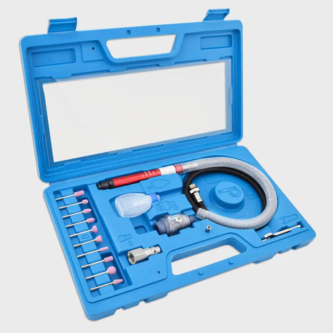 Slick 17 Piece Micro Air Die Grinder Kit Pneumatic Pencil Tool With 1/8 And 3/32 Inch Collets showcases tools in blue storage case.