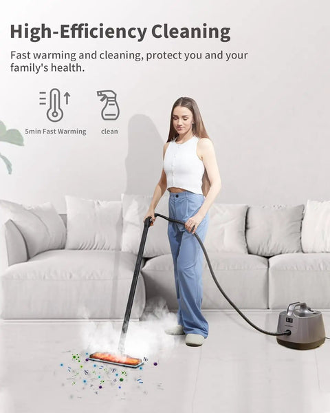 Woman using Turquoise Heavy Duty Handheld Steam Cleaner Mop 293 Degree Heat for cleaning floors with steam.