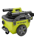 18V Cordless 6 Gallon Wet Dry Vacuum Bare Tool With Hose Crevice Tool Floor Nozzle And Extension Wand Removable Top For Easy Emptying Compact Storage 80 CFM Lightweight 16 Lbs For Quick Cleanup At Home Or In The Garage in lime green color with attached accessories.