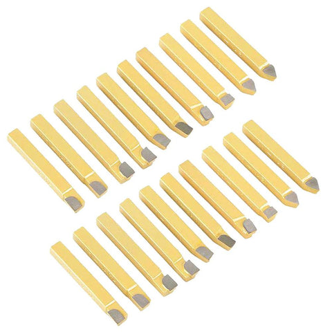 20-piece yellow 1/4-inch carbide-tipped lathe cutting tool set with square shanks for metal turning
