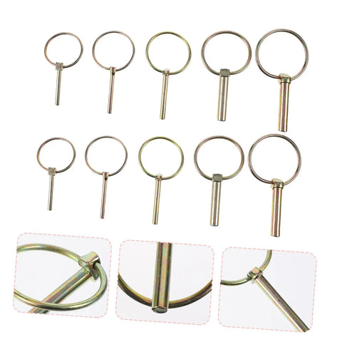 Beefy Heavy Duty Lynch Pin Fastener Set For Trailers Trucks And Mowers 10 Piece Spring Loaded Locking Pins display with close-up details