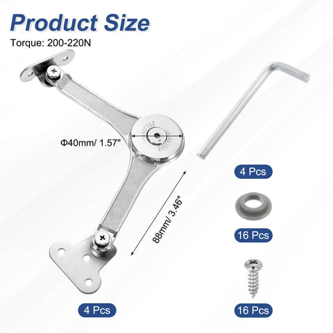 Heavy Duty Soft Close Lid Support Hinges Set 4 Pack, Adjustable 200 220N Gas Struts with wrench, screws, and washers