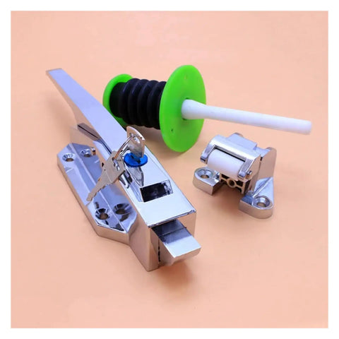 Heavy Duty Door Handle Hinge Knob Lock Cam Lift Latch Hardware Pull Part Industrial Grade steel set on beige background