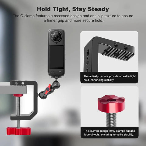 Built Like A Tank Aluminum Desk Camera Mount With Wide C Clamp Heavy Duty Table Rig For Dslr Video Cameras and Studio Lights on a desk.