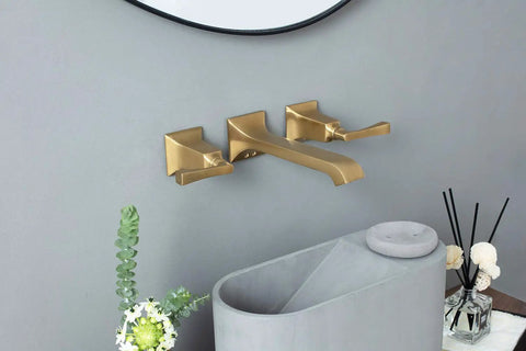 Heavy Duty Bathroom Wall Faucet Built With Solid Brass, Wall Mount Design With Metal Lever Handles, Brushed Gold Finish