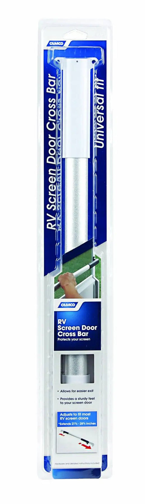 Adjustable RV Screen Door Cross Bar In White packaging, easy exit and extra door security, durable aluminum, fits 20.25 to 28 inches