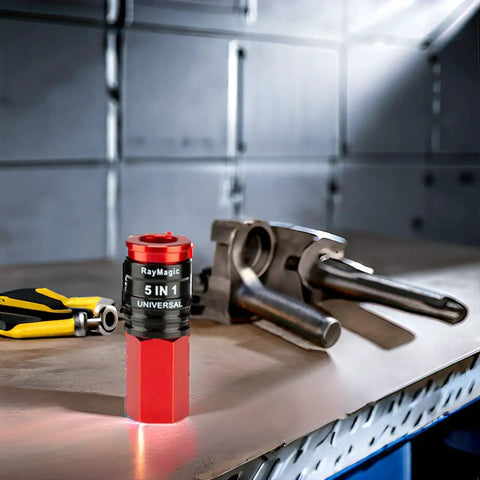 5In1 Universal Quick Connect Air Coupler Kit With 1/4 Inch Female NPT Fittings, rugged red connector on a workshop table.